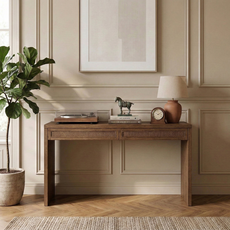 Console / bureau en bois massif et placage de chêne Fawcett, Brun