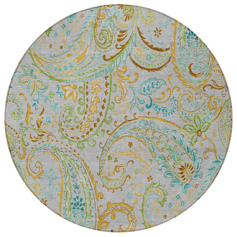 Tapis d'intérieur rond 8 po gris et doré rond à motif cachemire lavable antidérapant