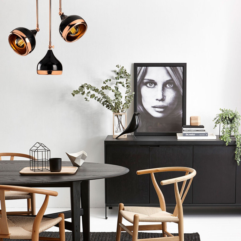 Lustre Modern Glam, finition noire et cuivre, hauteur réglable, 19,7 po x 19,7 po x 29,5 po | Corps en métal, 3 x douilles E27 (40 W maximum), plaque de base 5,9 pouces | Parfait pour les salons et les salles à manger de style scandinave