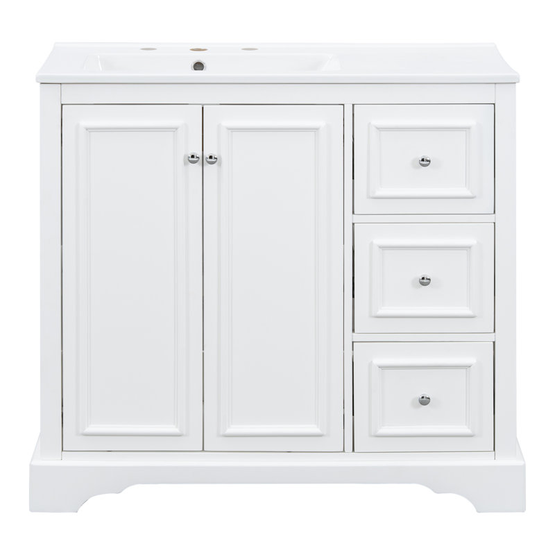 Meuble-lavabo transitionnel de 36 po avec cadre en bois massif, finition peinte et 2 portes à fermeture en douceur, lavabo en céramique de 36 po, 3 tiroirs, charnières et pieds en plastique pour la protection