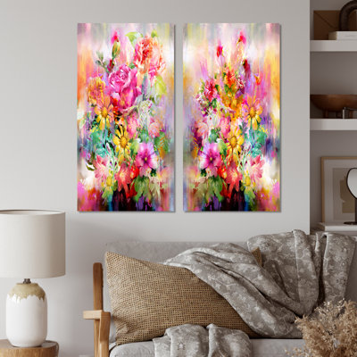 «Vintage Multicolicol Spring Flowers VII», ensemble de 2 impressions sur toile