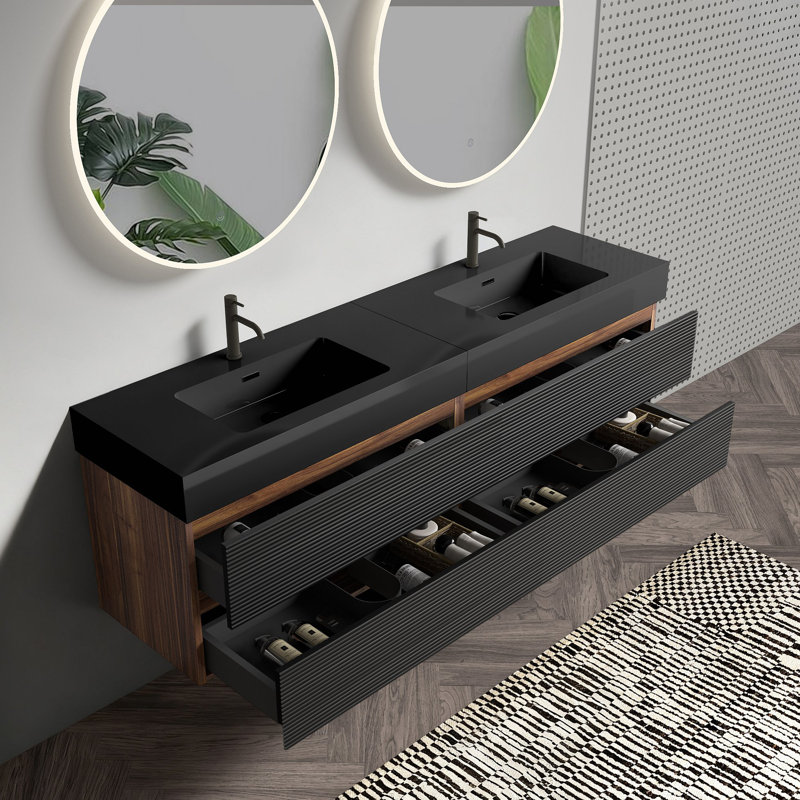 Meuble-lavabo 72 po (36 po * 2) avec lavabo à quartz d'ingénierie et tiroirs souples, meuble-lavabo mural flottant, lavabo une pièce, KD