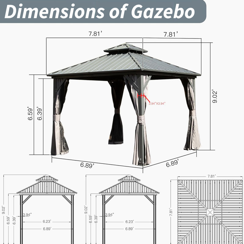 Pavillon de jardin en aluminium et métal avec double toit et rideau, idéal pour la terrasse, la cour, la terrasse, le toit en acier galvanisé gris, gris divertissement
