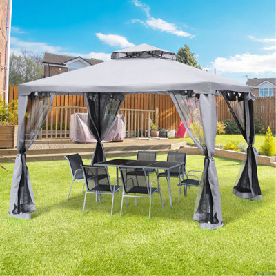 Pavillon de jardin 9,6 pi x 9,6 pi, abri de jardin avec toit à 2 niveaux et filet, structure en acier pour le jardin, la pelouse, la cour et la terrasse, gris