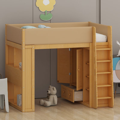 Lit mezzanine avec armoire intégrée, tiroirs, étagères et éclairage d'ambiance pour des espaces organisés