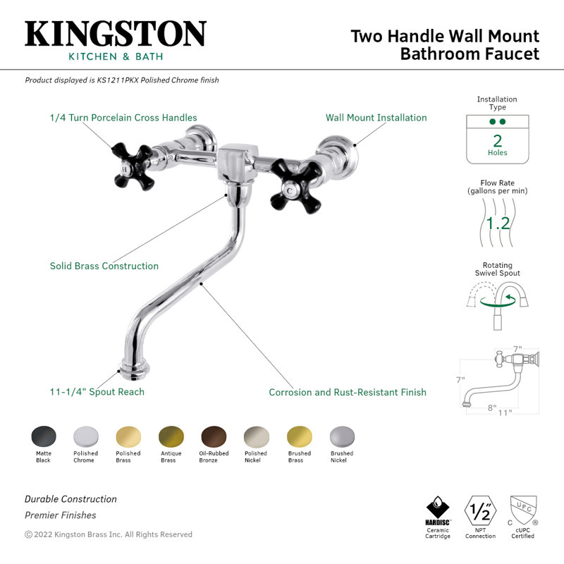 Kingston Brass Duchess Two-Handle 2-Hole Wall Mount Bathroom Faucet, Oil Rubbed Bronze