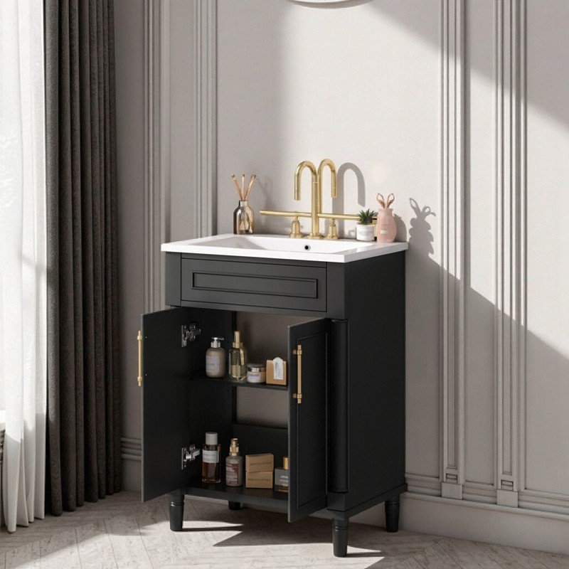 Meuble-lavabo simple 24 po avec lavabo intégré en céramique 2 portes pour petits espaces