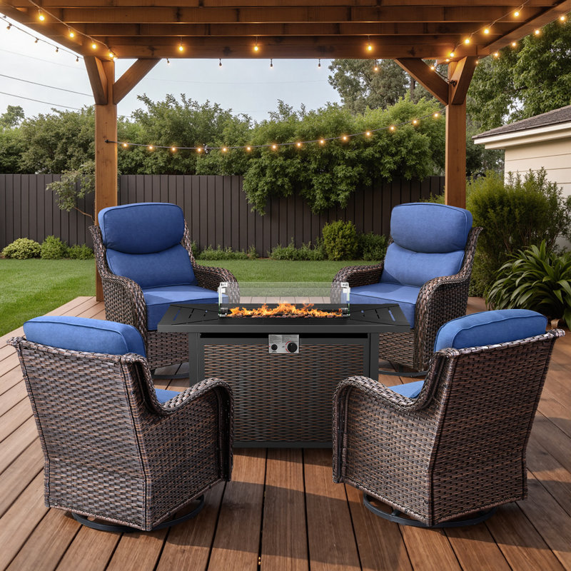 Outdoor Courtyard Multiple Swivel Rocking Chairs Seating Group With Wicker Fire Pit Table, Blue, Brown