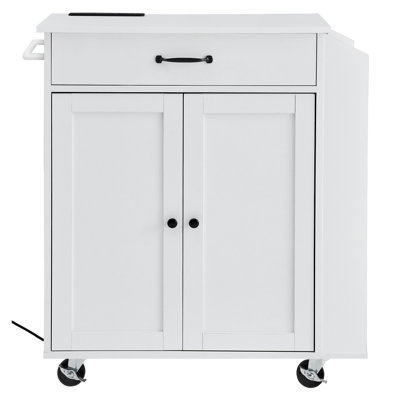 Chariot de cuisine blanc à roulettes avec station de charge, tablettes réglables et armoire de rangement sur roulettes