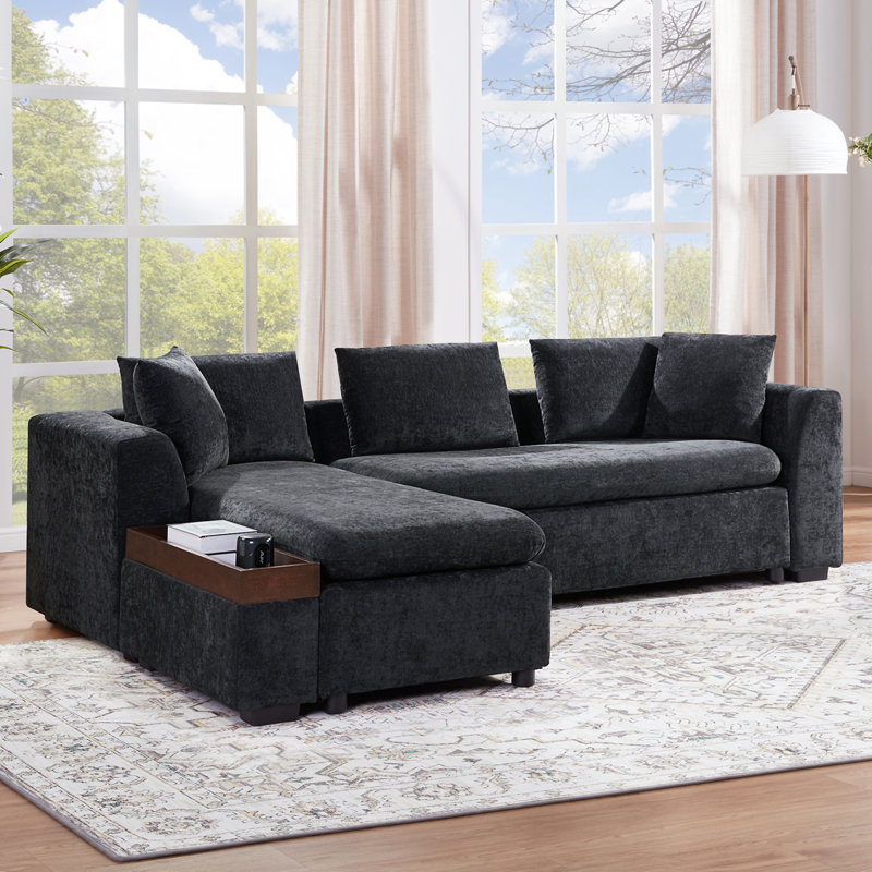 Canapé modulaire avec canapé en L 93,7 po et compartiment de rangement en bois pour salon, Chenille noir