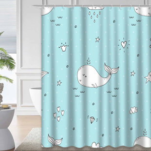 Cute Cartoon Baby Shower Sea Blue Shower Curtain with 12 Hooks