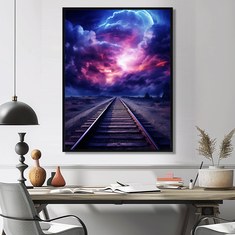Lavande, train, rails, fuchsia, coucher de soleil I - train, art mural, H 20 po x l 12 po x P 1 po, Cadre flottant noir