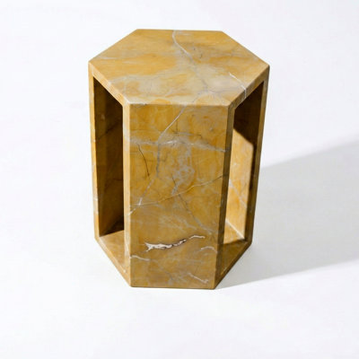Luxury Spanish Gold Natural Marble Side Table, 16Cm Side Length Hexagonal End Table With Polished Finish, Modern Geometric Stone Plinth & Nightstand For Living Room (Yellow/Gold, 40Cm X 32Cm)