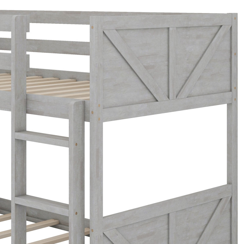 Lit de plancher robuste en profil d'hévéa avec garde-corps de sécurité, échelle intégrée et tête de lit à motif de blocs