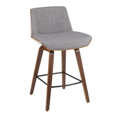 Mid-Century Modern Counter Stool In Walnut Wood And Light Grey Fabric By