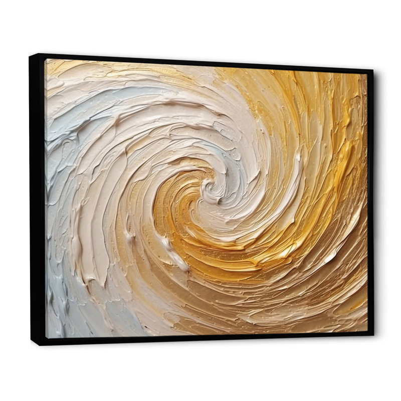 «Gold Cream Infinite Swirls I - Abstract Spirals», reproduction d'art, Cadre flottant noir, H 16 po x l 32 po x P 1 po