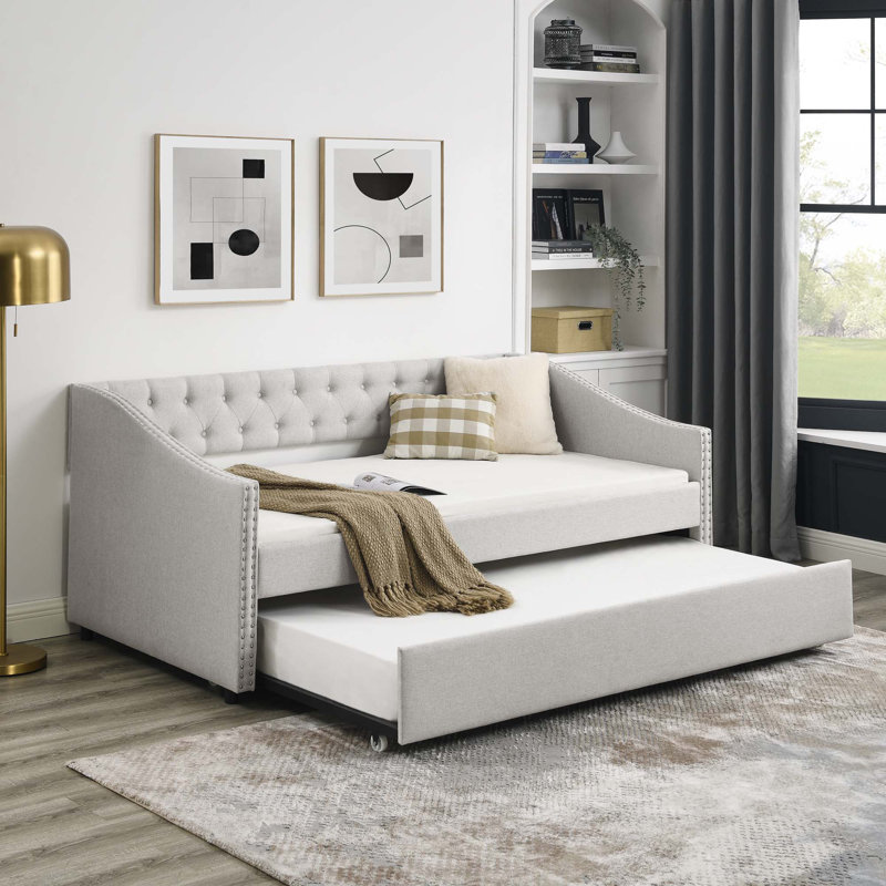 Lit de jour avec lit gigogne simple, Beige, Lit simple