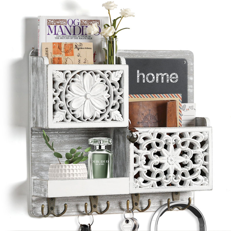 Organisateur de courrier mural, porte-clés à 2 fentes pour mur avec 8 crochets, porte-clés en bois rustique avec tablette pour hall d'entrée Farmhouse