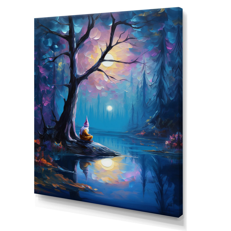 Gnome méditant en pleine lune, forêt magique sur toile, H 32 po x l 24 po x P 1 po, Toile tendue