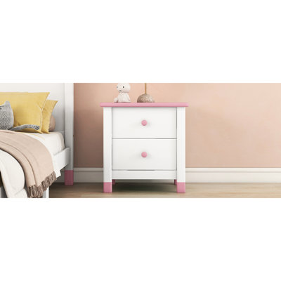 Table de chevet en bois avec deux tiroirs - blanc et rose