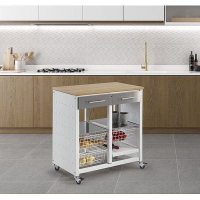 Rolling kitchen cart with drawers, baskets & bottle rack – White steel frame & textured wood top – BERGEN