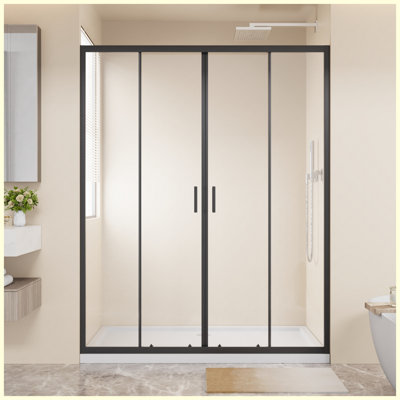 Framed Shower Sliding Door 60"x72", 4-Panel Center Opening Double Sliding Shower Door, 1/4" (6mm) Tempered Glass, Aluminum Frame with Stainless Steel Handles & Smooth Double Rollers, Black