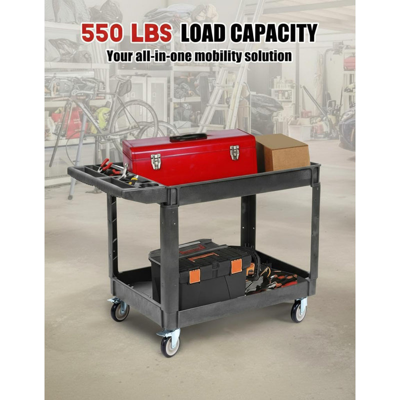 Chariot de service utilitaire à 2 tablettes, chariot de service roulant PP robuste avec roulettes pivotantes à 360 ° (2 avec freins), 550 lb, grande tablette à lèvres, poignée de rangement ergonomique pour entrepôt / garage / nettoyage