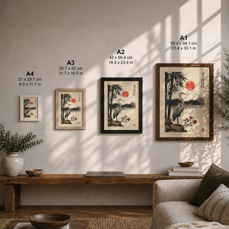 Heron And Plum Blossoms Japandi - Print, A2 - 59.4 x 42.0 cm, Walnut