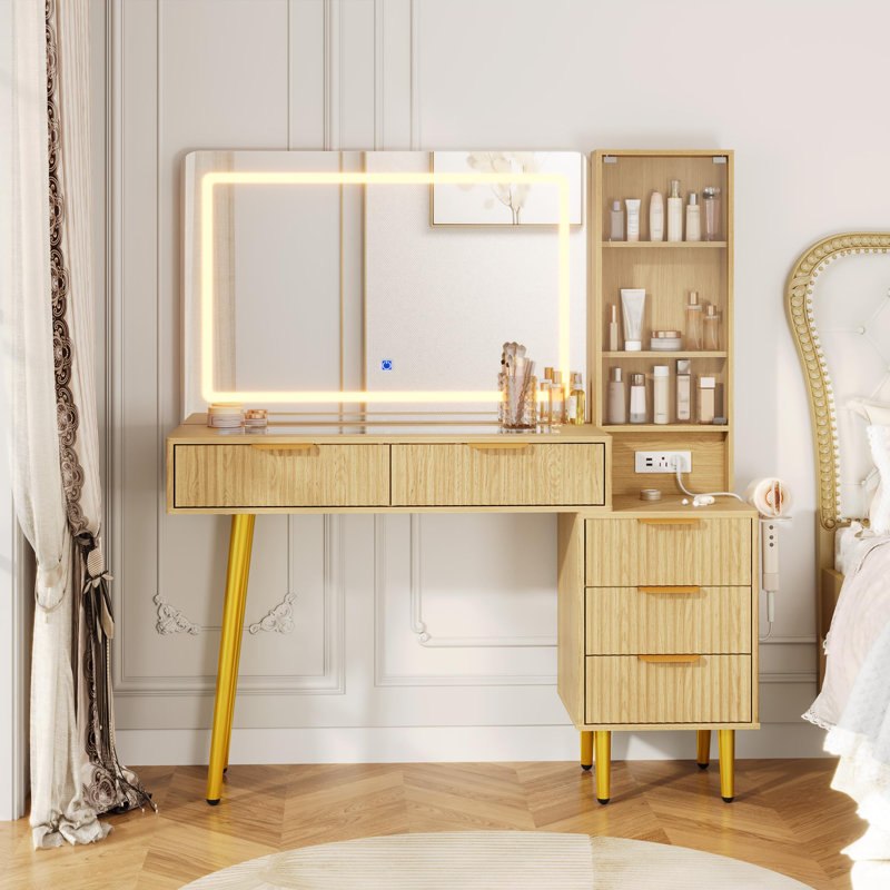 48" Fluted Makeup Vanity Desk with Mirror and Lights, Modern Makeup Table with 36" Lighted Mirror, 3 Color Modes, Vanity Desk with 5 Drawers, Open Shelf, Built-in Outlet, Glass Top Dressing Table