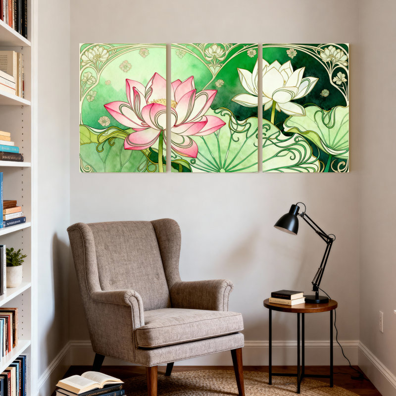 Ensemble de 3 tableaux muraux de style Art déco représentant des fleurs de lotus, H 24 po x l 48 po