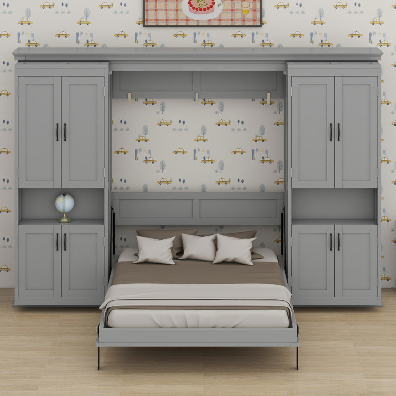 Lit escamotable avec armoires de rangement coulissantes doubles, Gris