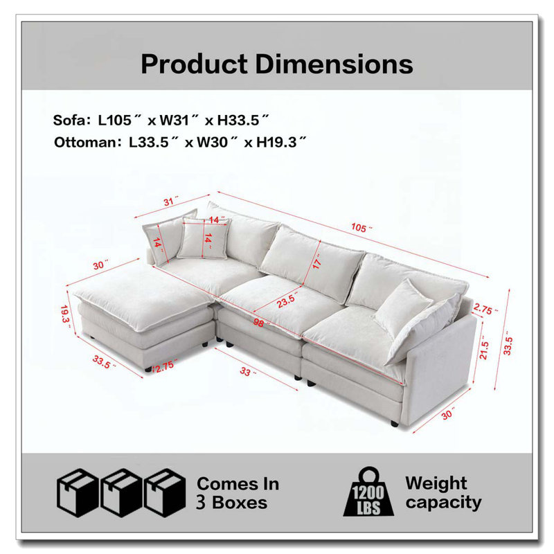 Canapé modulaire de 105 po en tissu chenille rembourré, Beige