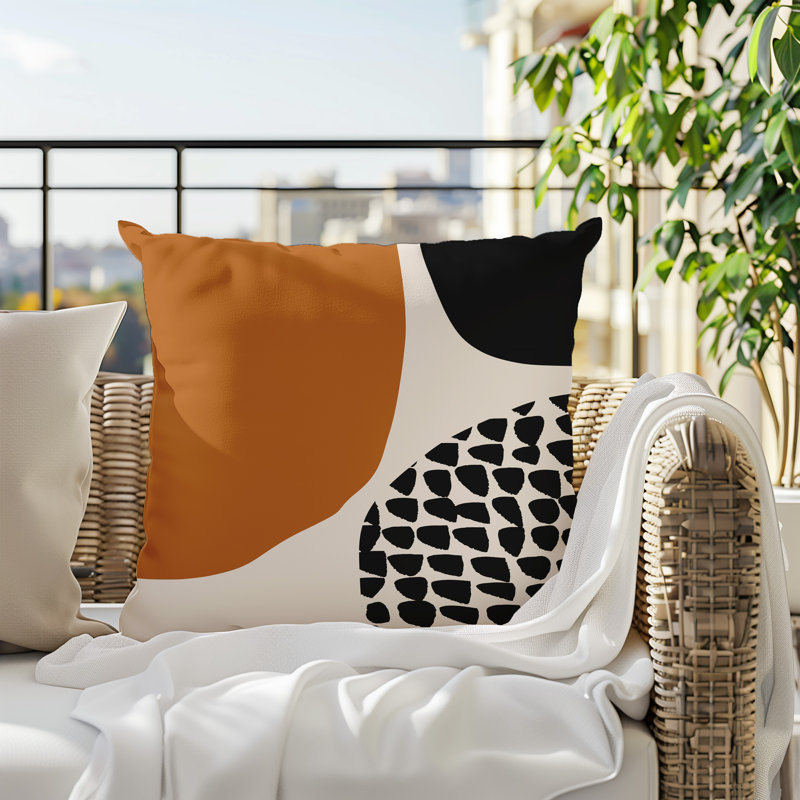 Coussin carré intérieur / extérieur pia, H 15 po x l 15 po, Orange brûlé / noir / blanc cassé