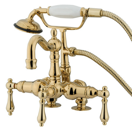 Kingston Brass Vintage Three-Handle 2-Hole Deck Mount Clawfoot Tub Faucet with Hand Shower, Polished Brass