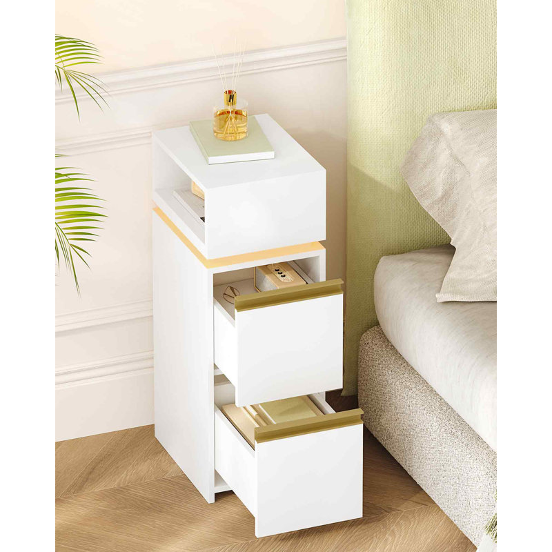 Slim Bedside Table, Set of 2, Bedside Cabinet with LED Lighting, Small Nightstand with 2 Drawers and 1 Open Space, Side Table, for Bedroom, Living Room, Modern, White 