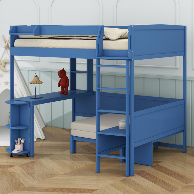 Élégante base de lit en bois avec bureau, tablettes de rangement, canapé et lumière, Marine