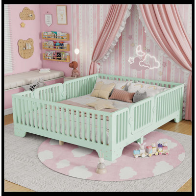 Lit double avec lattes et clôture, lit double Montessori avec porte, aucun sommier nécessaire, vert menthe