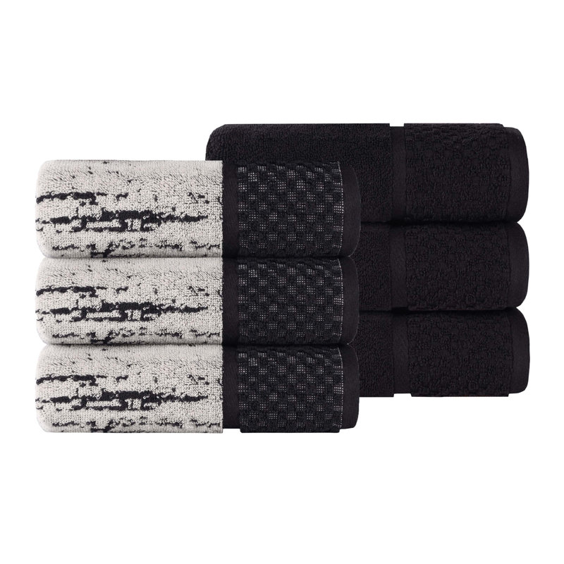 Lodie Cotton Plush Soft Absorbent Jacquard Solid and Two-Toned Hand Towel Washcloth, Black/Ivory