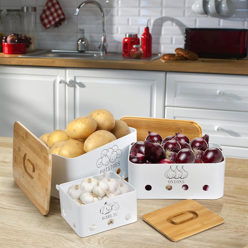 Ensemble de 3 ensembles de rangement pour pommes de terre, oignon et ail, bacs de rangement en fer pour légumes avec trous, couvercles en bambou, boîte de rangement empilable pour organisation de cuisine pour comptoir