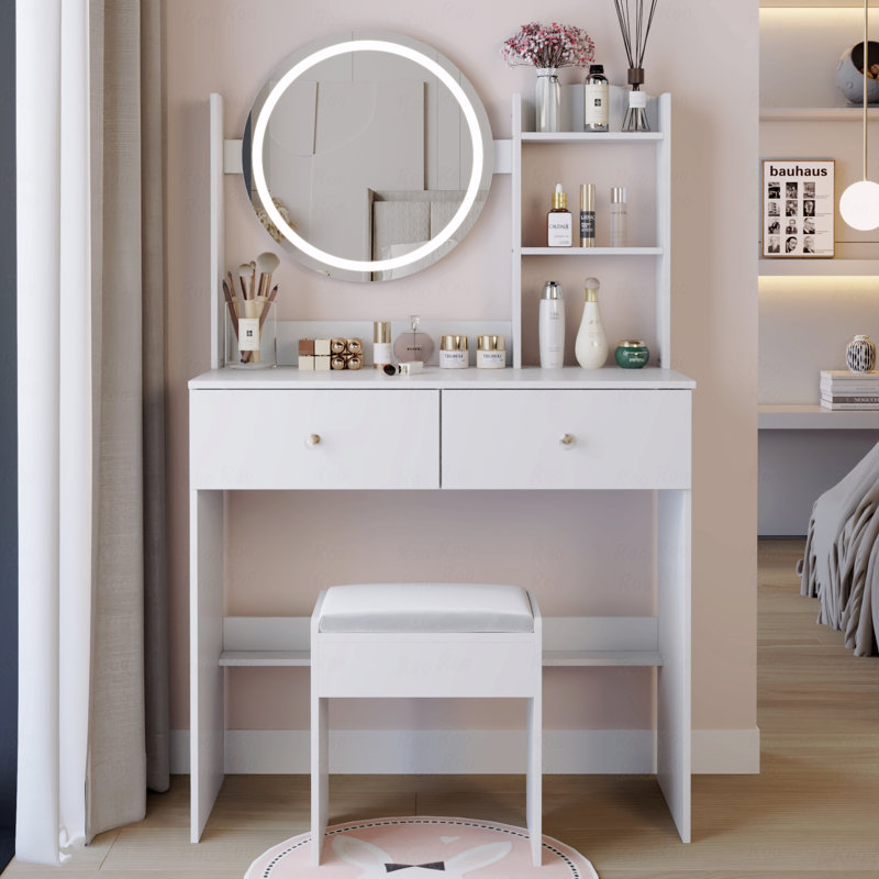 Round LED Mirror Vanity Table with Soft Cushion Stool, Touch Switch, 3 Colors, Adjustable Brightness, Large Desktop, White