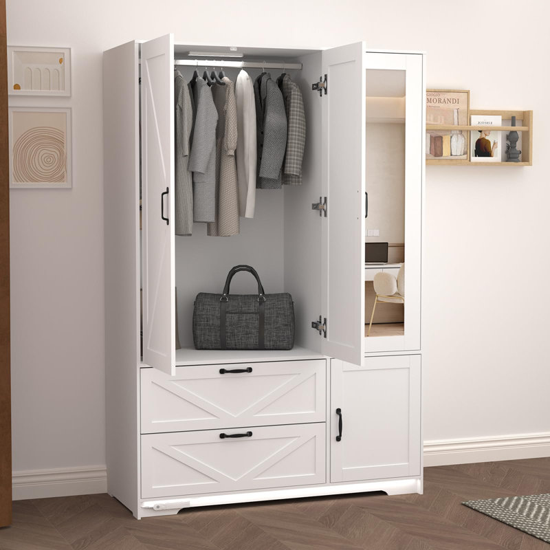 Armoire 72 "à 3 portes avec miroir, 2 tiroirs et tablettes réglables Farmhouse , Blanc