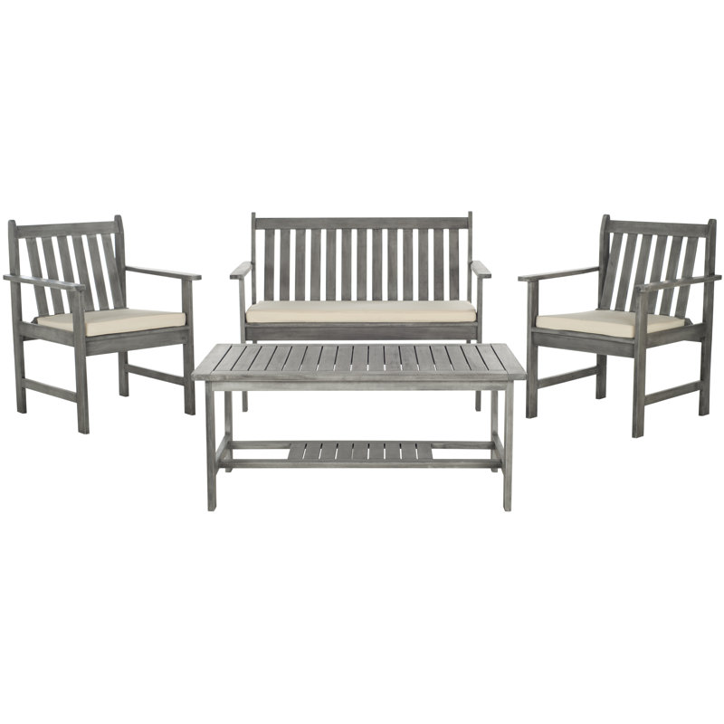 Joliet Acacia 4 - Person Patio Conversation Set with Cushions, Gray Wash Frame/White Cushion