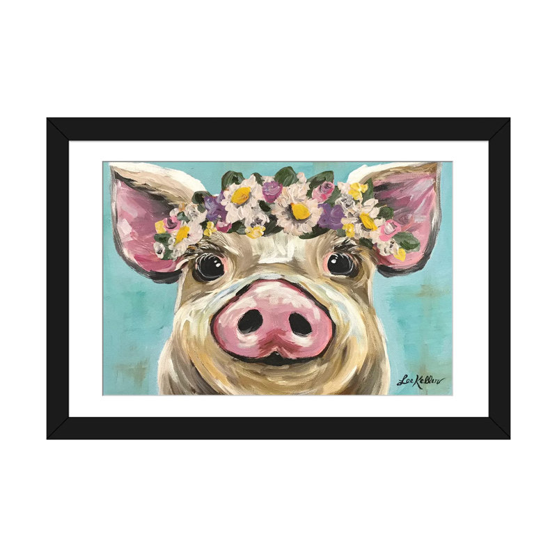 « porc avec fleur couronne sur turquoise » par hippie hound studios, impression sur toile tendue, H 16 po x l 24 po x P 1 po