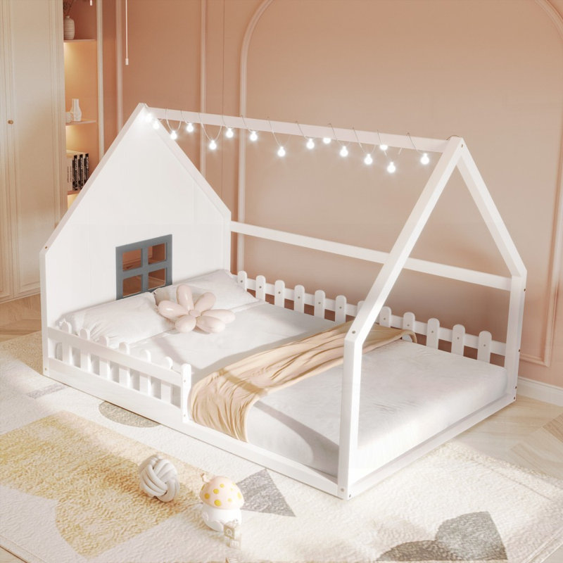 Full Size Wood House Bed with Window and Fence, No Box Spring Needed, Sturdy Construction (White), White