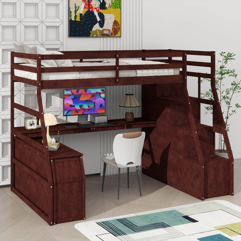Lit mezzanine simple avec 7 tiroirs, 2 tablettes et un bureau intégré
