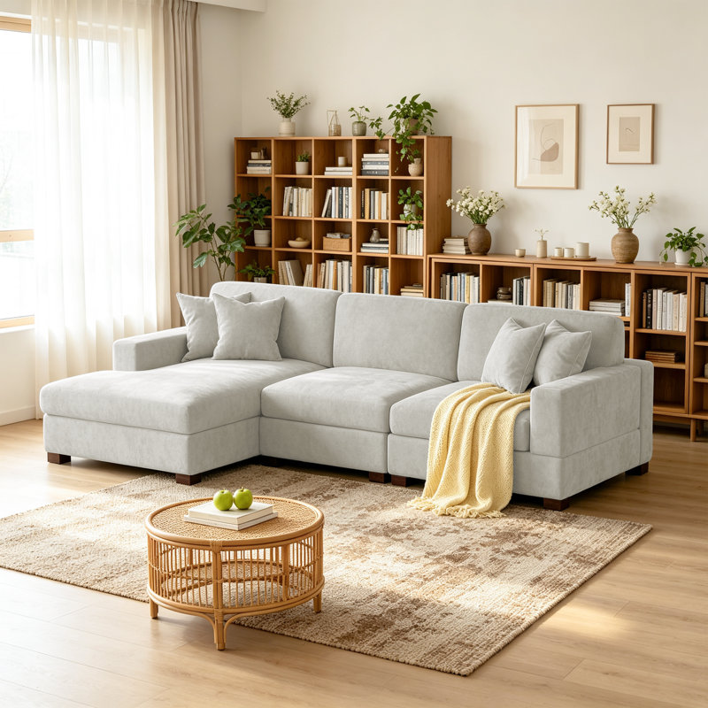 3 - Piece Upholstered Offwhite Chenille Modular Sectional Sofa with Armrests & Throw Pillows, Left Hand Facing