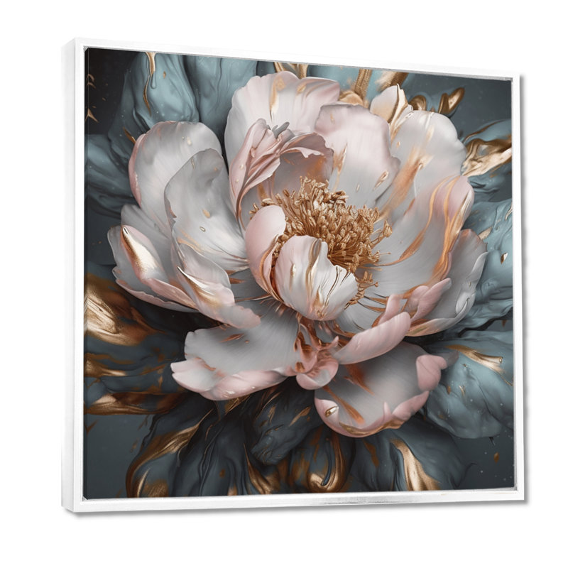 Pivoines roses et grises en fleurs I - impressions florales sur pivoines, H 30 po x l 30 po, Cadre flottant blanc
