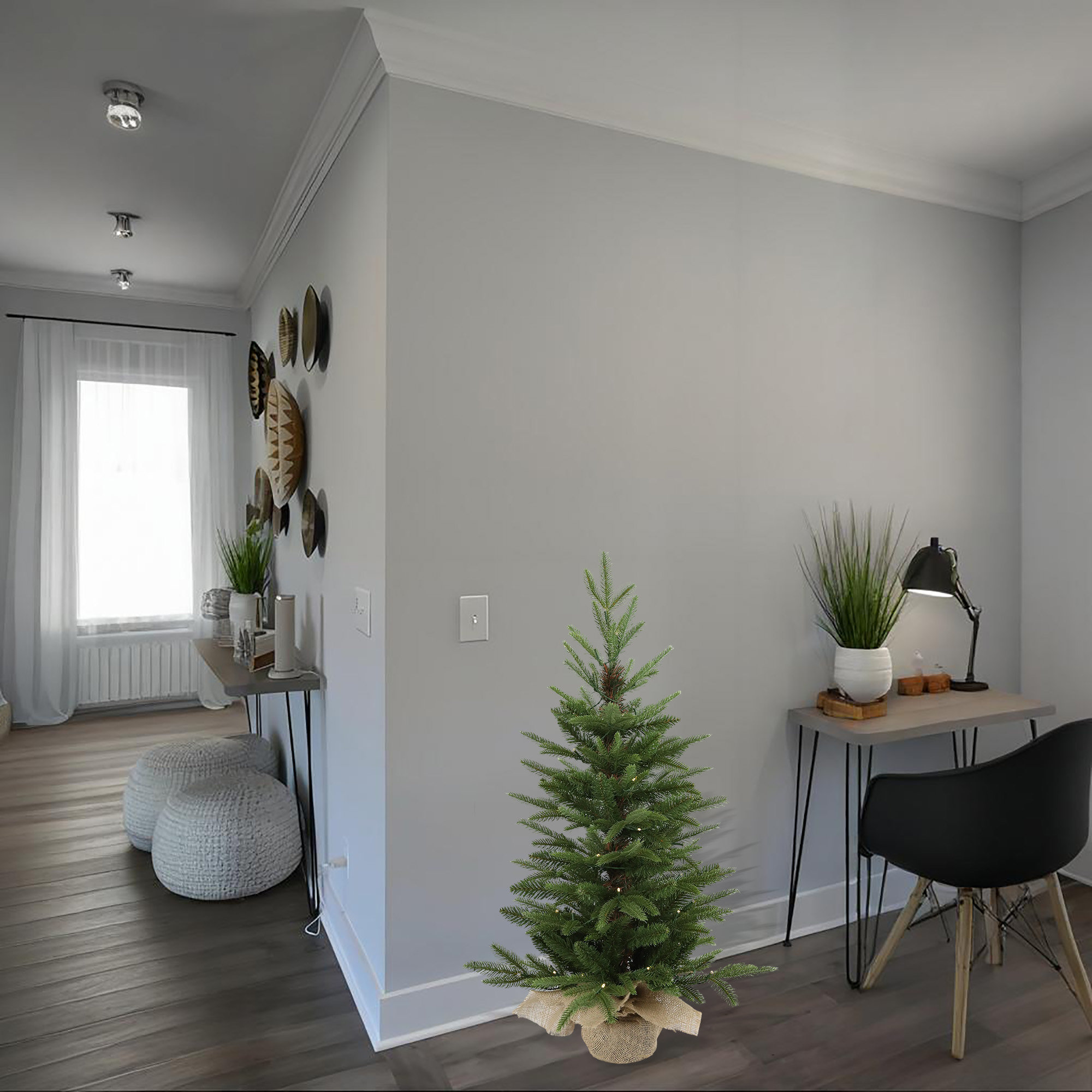 2.95 Ft Farmhouse Pre-Lit Potted Flocked Artificial Christmas Tree, Winter Home And Office Decor For Entrances Indoor
