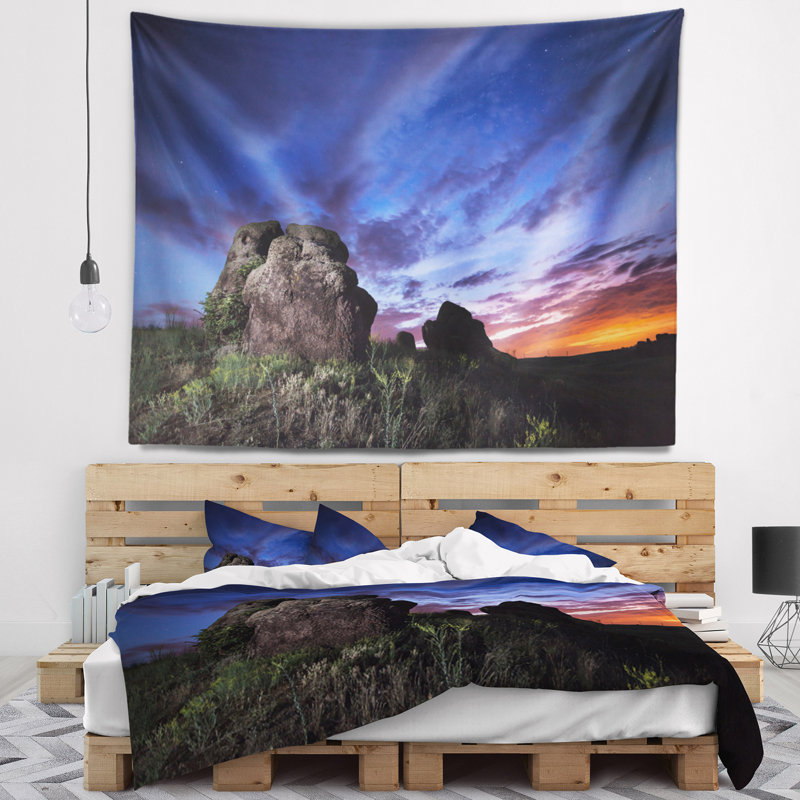 Paysage, nuit d'été, tapisserie, ciel bleu, H 32 po x l 39 po