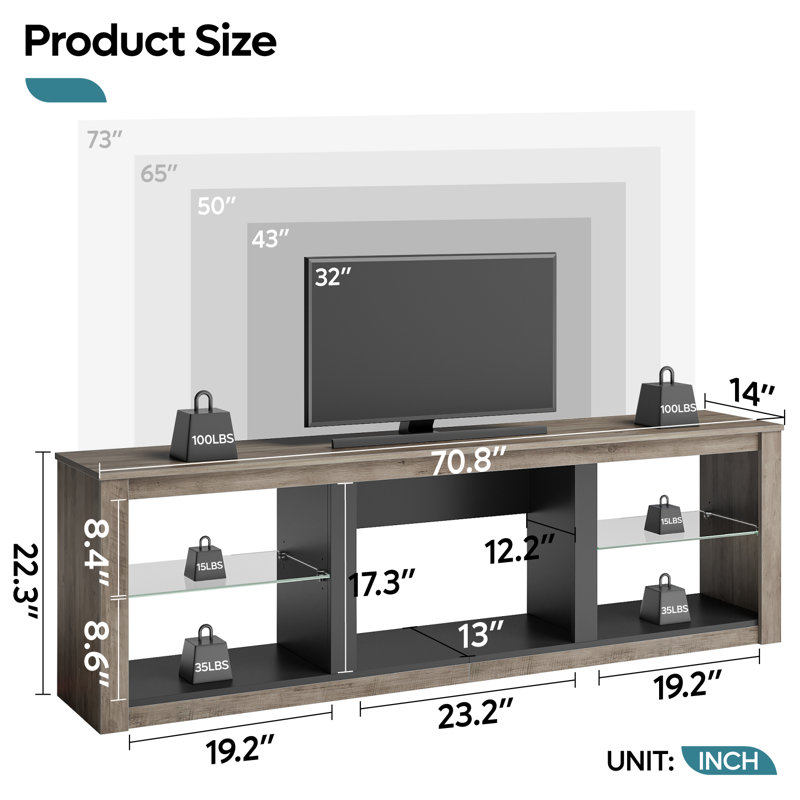 Kruszewski 70 In. TV Stand Fits TVs Up To 75 In. with LED Lights Glass Shelves and Open Storage, Grey Wash
